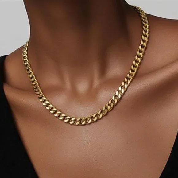 Stainless Steel Golden 9mm Choker Necklace, Six-Sided Polished Clavicle Chain - Picture 2 of 9